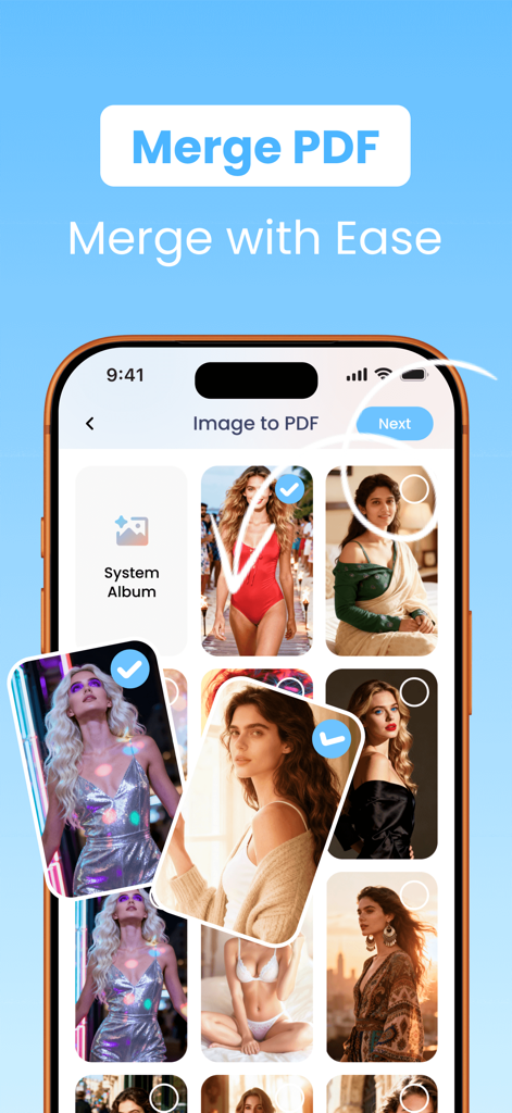 Zeno PDF 앱 인터페이스, 시스템 앨범에서 사진을 가져와 단일 문서로 병합하는 PDF 병합 기능 표시