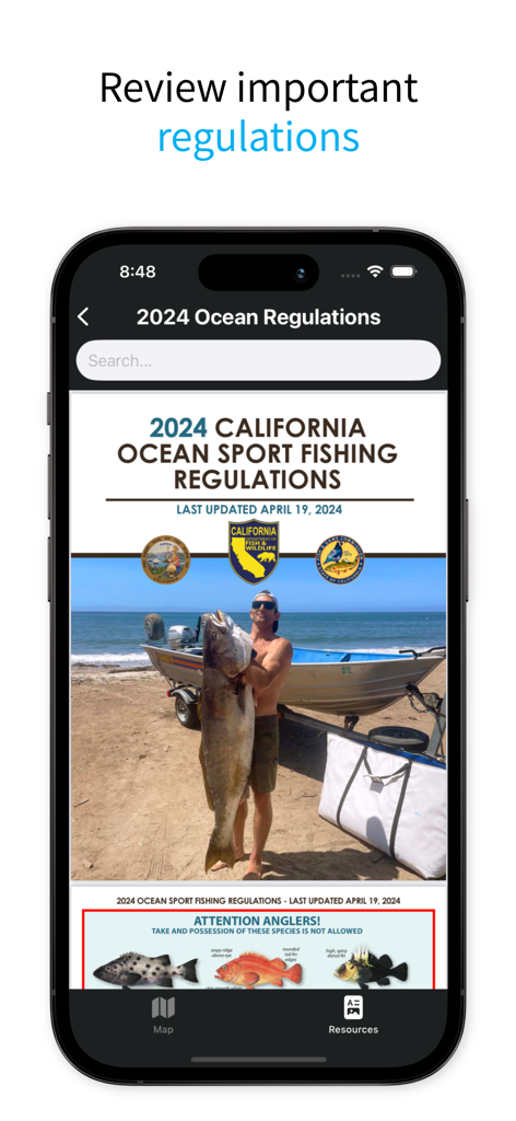 CA FishMap - CA FishMap app showing 2024 California ocean sport fishing regulations and species information