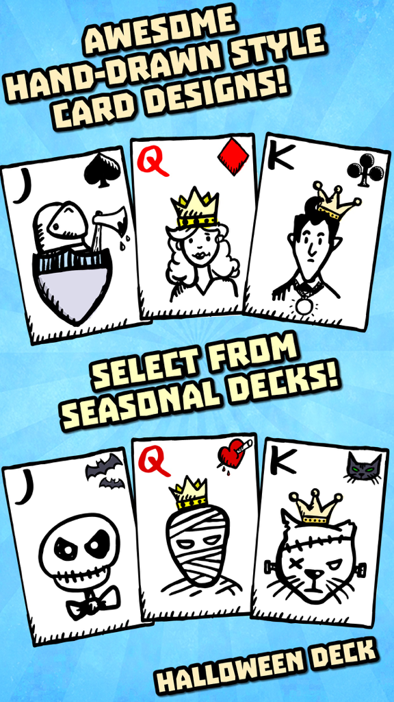Solitaire Time - Classic Solitaire Anywhere! - Showcase of hand drawn solitaire card designs including a classic set and a seasonal Halloween deck.