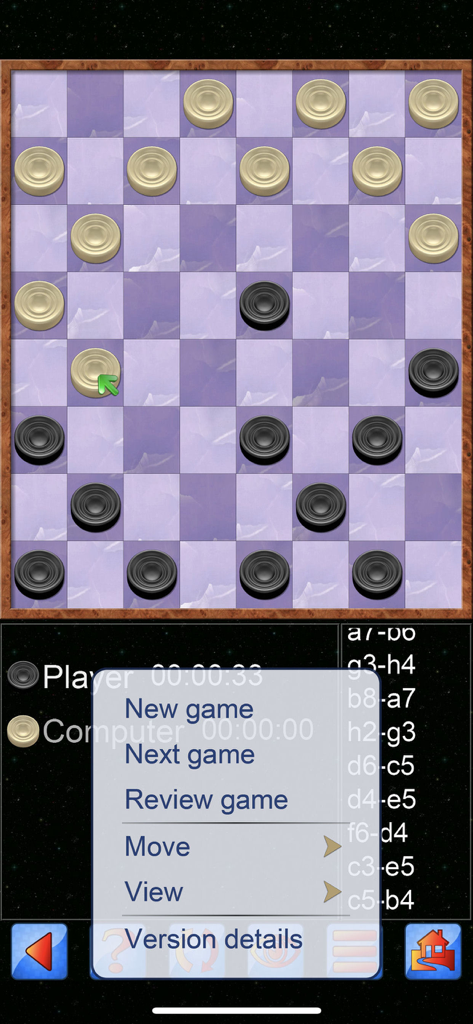 A classic checkers board with an open options menu for gameplay settings