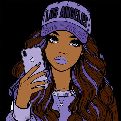 realistic beautiful girl wearing los ángeles cap holding an iphone