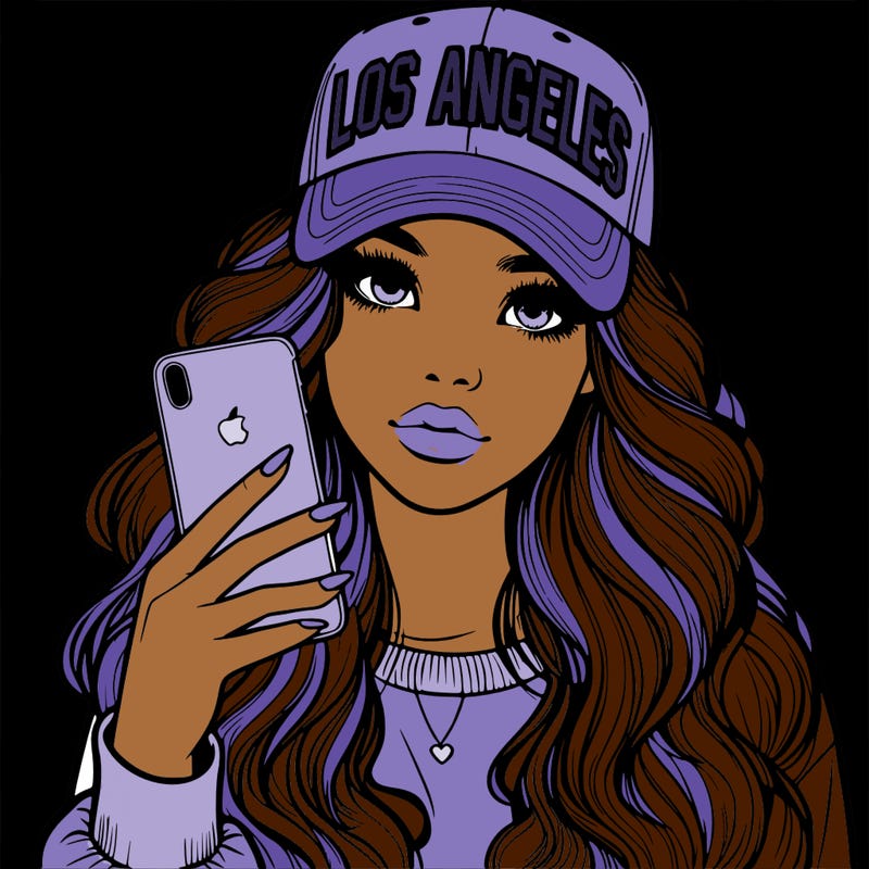 realistic beautiful girl wearing los ángeles cap holding an iphone