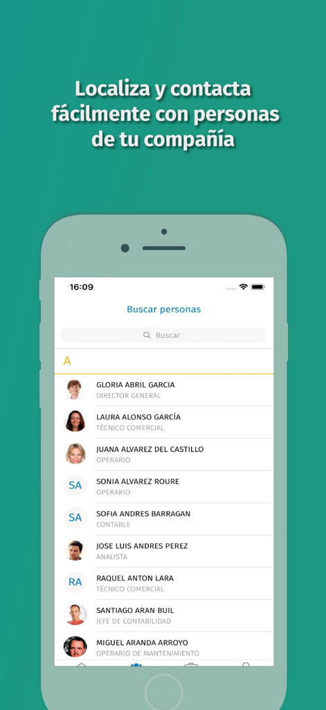 Portal Empleado - Directorio de empleados buscable que muestra nombres y puestos de trabajo en la aplicación Portal Empleado.