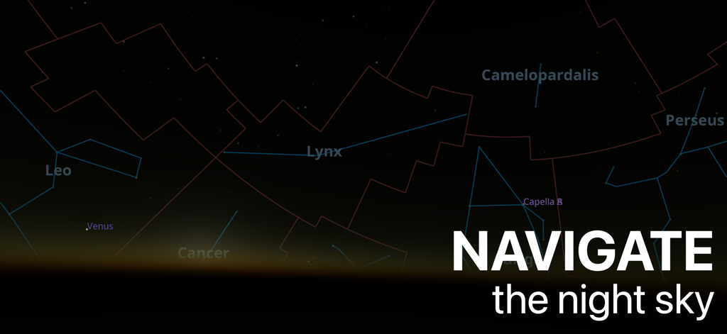 Celestia - Space Simulator - Celestiaの、リンクスやカメレオペルダリスのような星座を示す夜空ナビゲーションインターフェース