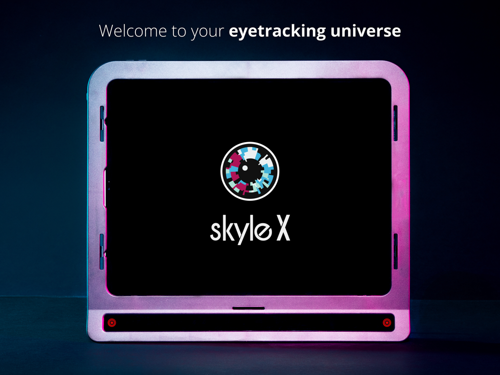 Skyle X - Skyle X welcome screen on an iPad inside a specialized eye tracking hardware frame