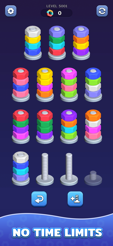 Casual mobile game interface showing colorful nuts being sorted on bolts with no time limits