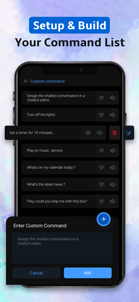 Voice Command for alexa - Interfaz de la aplicación Comandos de Voz para Alexa que muestra cómo configurar y crear una lista personalizada de comandos en un smartphone.
