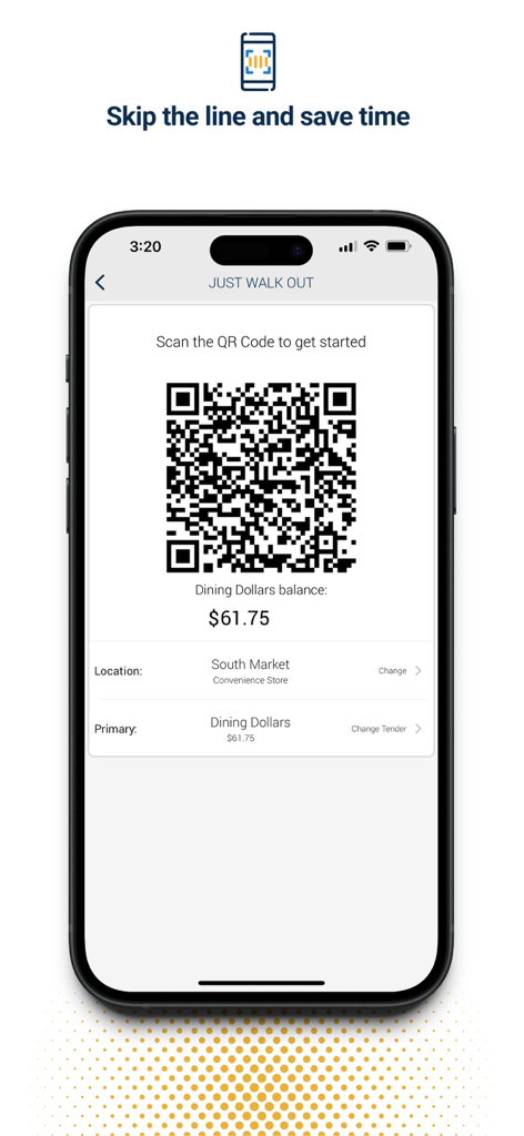 Transact Mobile Ordering - A smartphone screen displaying a QR code for contactless campus dining payments and a dining dollars account balance