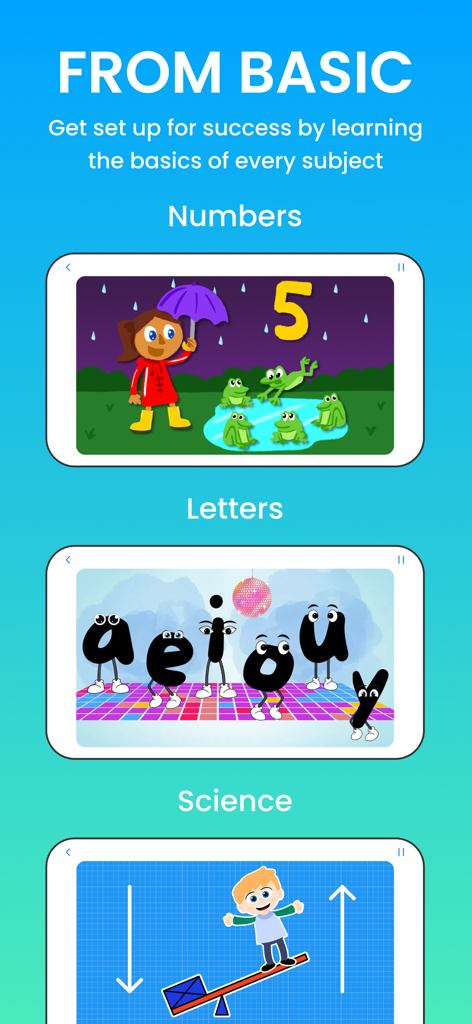 Super Teacher - Educational interface showing basic subjects including numbers letters and science for kids tutoring