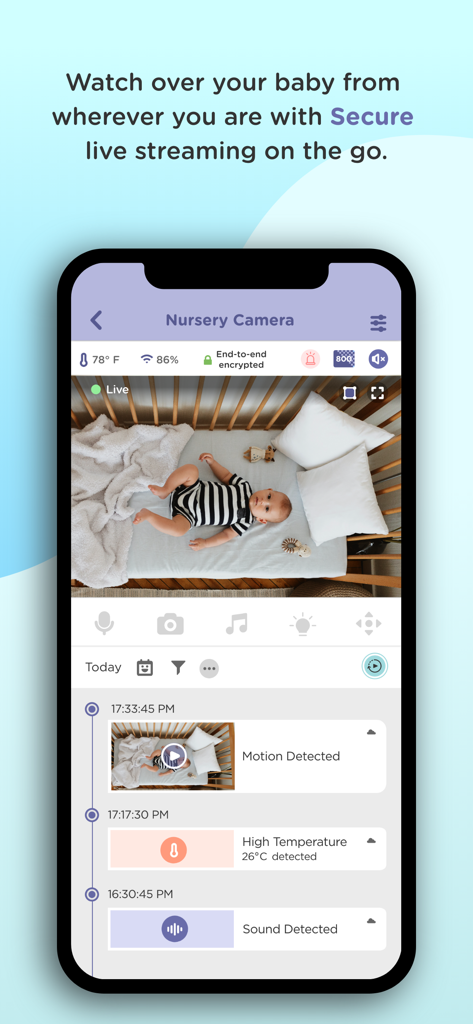 HubbleClub by Hubble Connected - HubbleClub app interface showing a live nursery camera feed with motion, sound, and temperature alerts