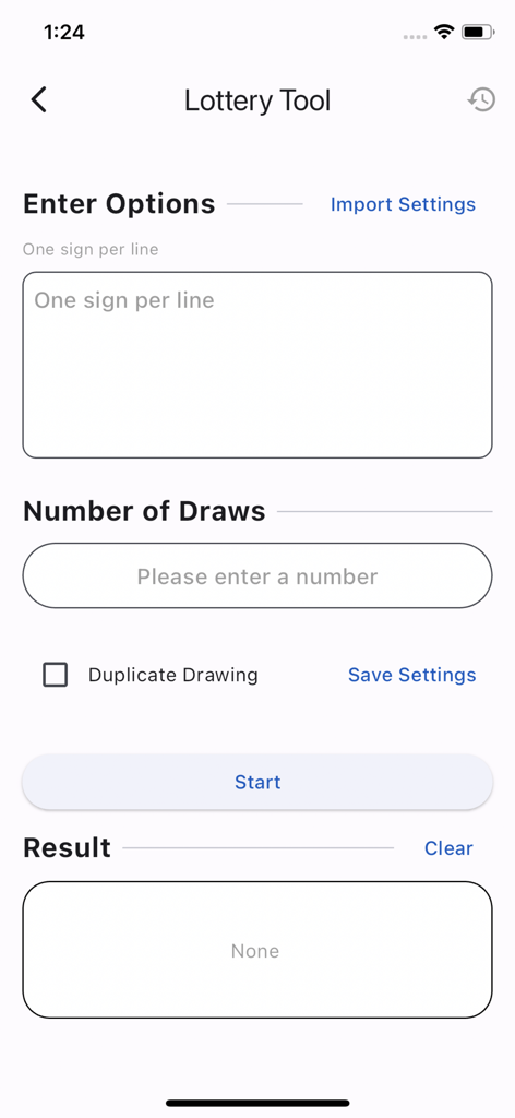 Input screen for the Draw Lots Tool app showing sections for entering options and selecting the number of draws