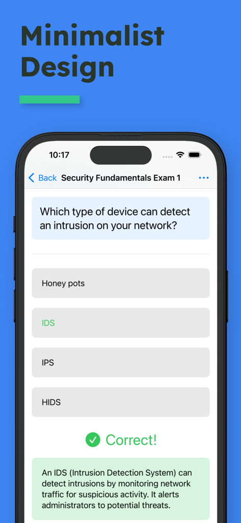 CCNA 200-301 practice exam screen showing a security fundamentals question and correct answer explanation