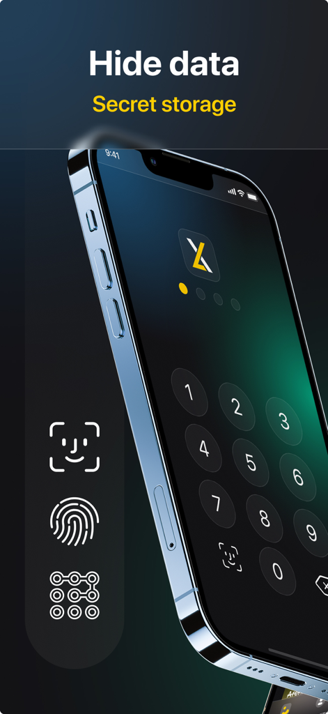 Lock photos.Hidden video vault - iPhone mostrando teclado PIN e ícones de segurança biométrica para ocultar dados