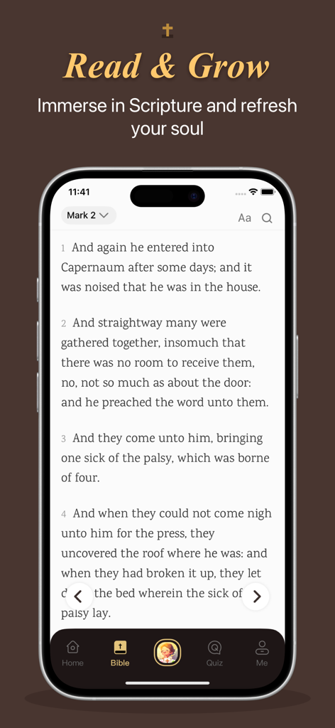 Women's Bible: Verse & Prayer - A mobile interface for the Women's Bible app showing scripture from the Book of Mark with a clean and soothing layout.