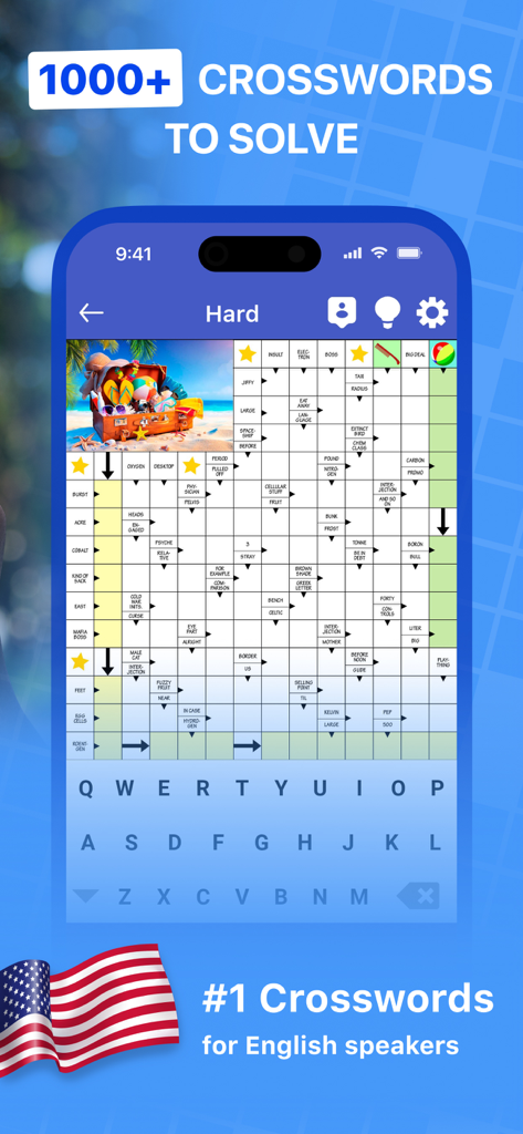Daily Crossword Puzzles - EN - Interfaccia dell'app Cruciverba Giornalieri che mostra una griglia di cruciverba a tema spiaggia e una bandiera americana
