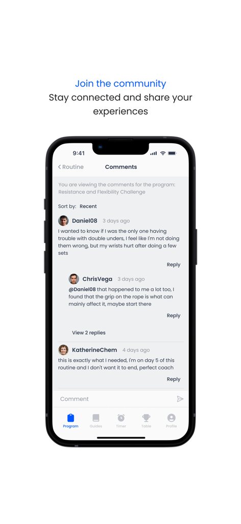 Spot Me - Community comment section in the Spot Me fitness app where users and coaches interact
