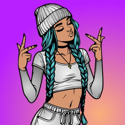 realistic teenage girl with braids and a beanie and crop top doing 🫶🏼
