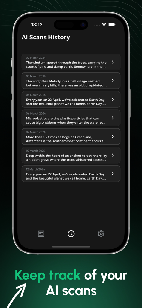 AI Detector - Text Analyzer - L'écran de l'historique des analyses IA montrant une liste de textes précédemment analysés avec des dates.