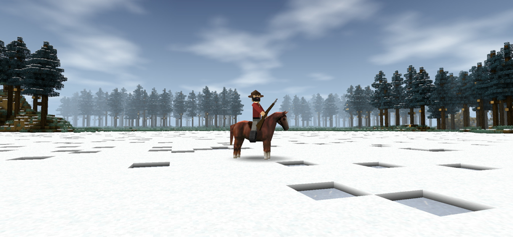 Survivalcraft 2 Day One - Un personaggio a cavallo di un cavallo marrone in una foresta di pini innevata in Survivalcraft 2