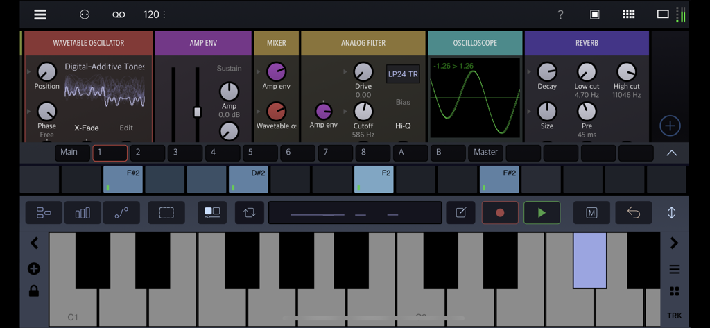 Drambo - Interfaccia dell'app Drambo che mostra un rack di sintetizzatori modulari con un sequencer e una tastiera per pianoforte