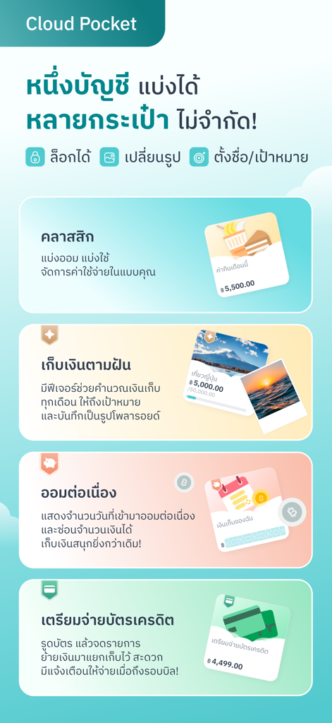 MAKE by KBank แอปจัดการเงิน - MAKE by KBank app showing Cloud Pocket features for digital envelope budgeting and goal based savings