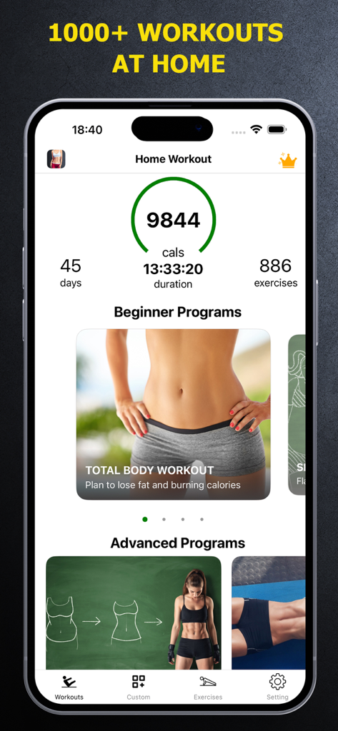 Female Fitness - Home Workout - Female Fitness Home Workout app interface displaying progress statistics and beginner programs on a smartphone