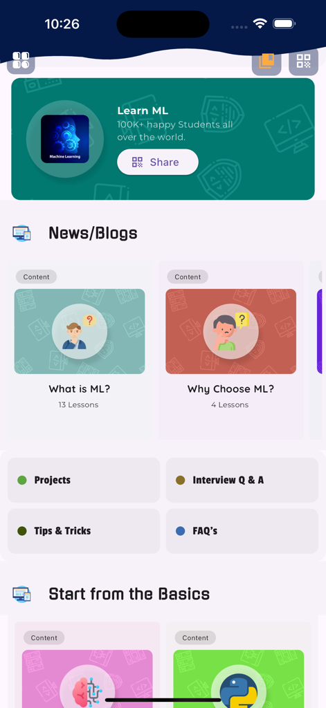 Learn Machine Learning app dashboard with lessons and study modules