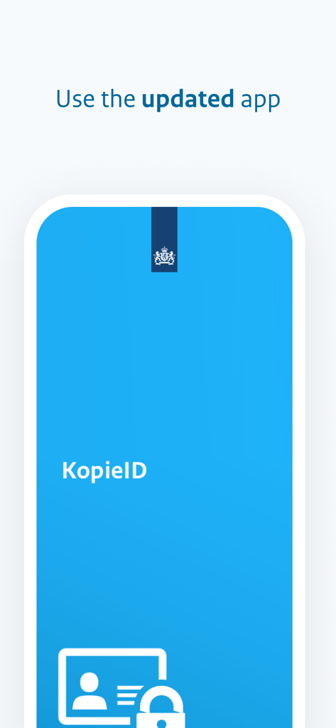 Pantalla de inicio de la aplicación KopieID con el logo del gobierno holandés y un icono de tarjeta de identidad segura