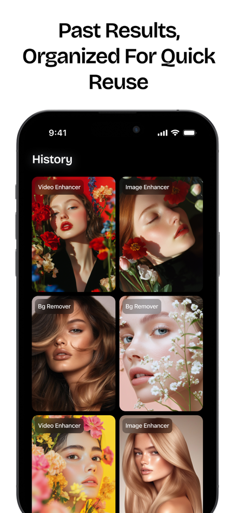 Image Upscaler - AI Upscale - 写真とビデオのエンハンスメントの過去の結果を示すAI画像アップスケーラーアプリの履歴画面