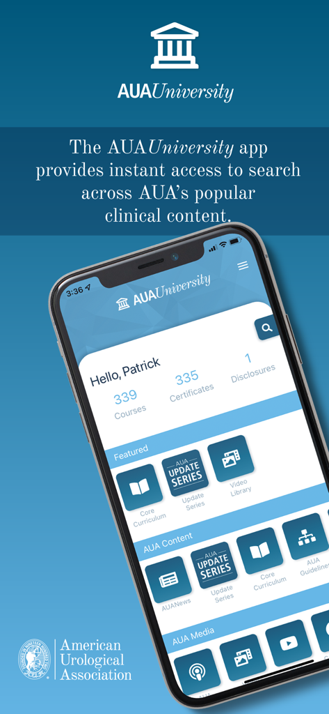 AUA University - Interfaz de la aplicación AUA University para contenido clínico de urología y educación médica