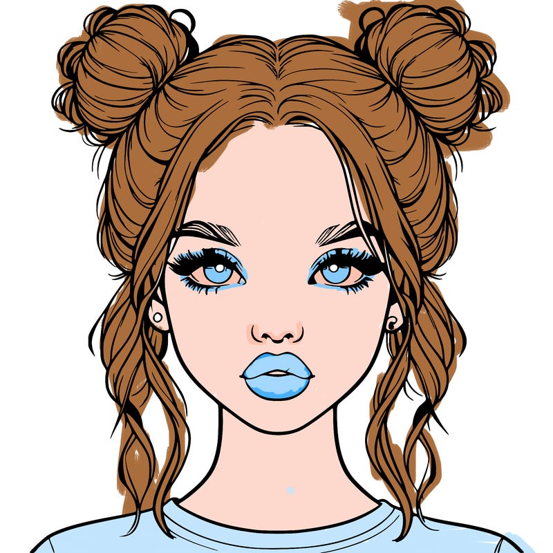realistic girl with two buns in hair and lips