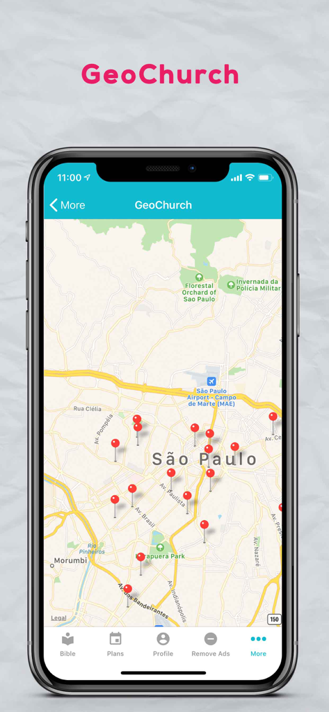 Bible Reina Valera - The GeoChurch map feature in the Bible Reina Valera app showing nearby church locations.