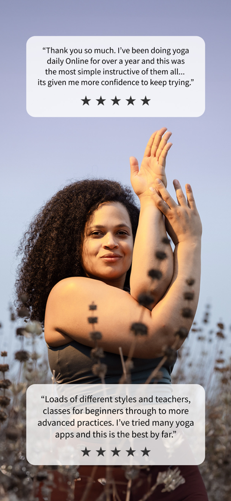 A woman practicing yoga outdoors with five-star customer reviews for the Yoga Anytime app