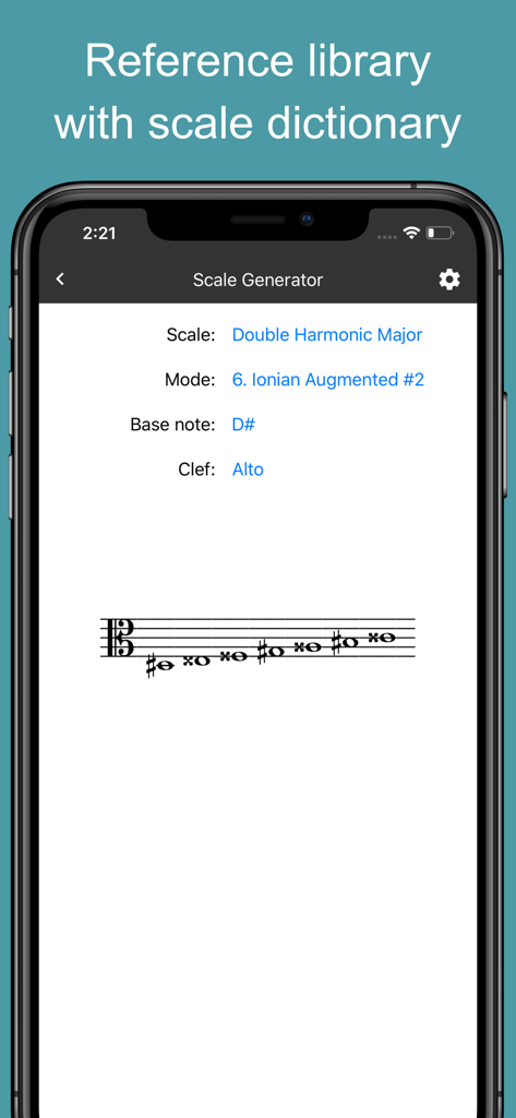 MyMusicTheory - Music Theory - A scale generator and reference library interface in the MyMusicTheory app showing a musical scale on an alto clef staff