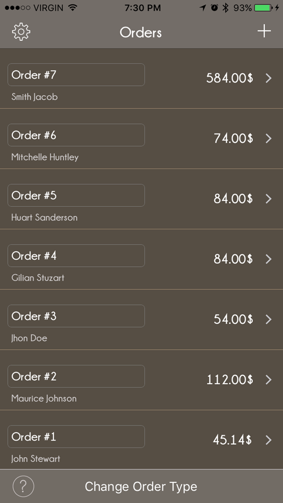 Invoice Mini: Create Invoices and Purchase Orders - 顧客名と合計金額が含まれるビジネス注文のリストを表示するモバイルアプリのインターフェース