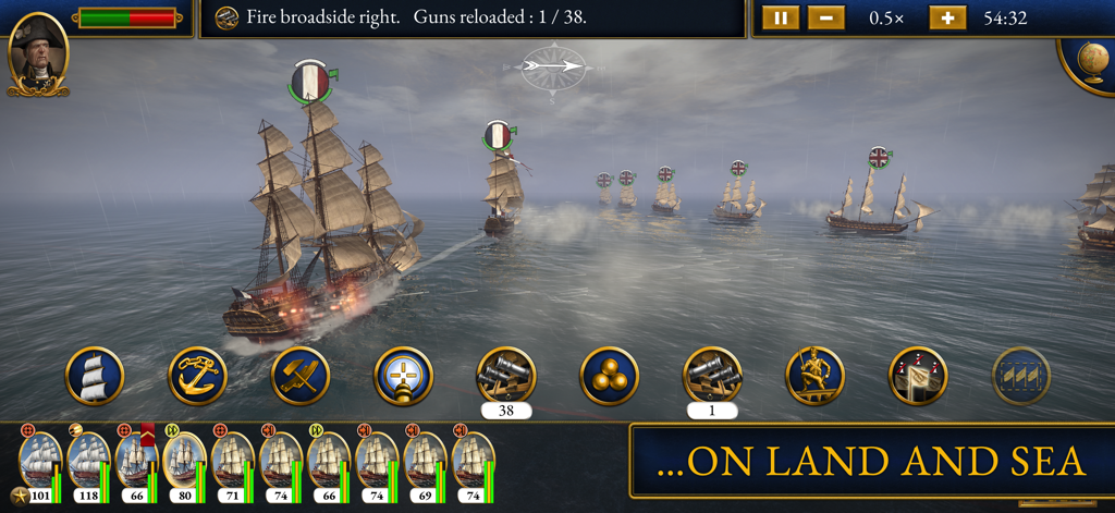 A naval combat scene in Total War Napoleon Mobile featuring sailing ships engaging in battle at sea