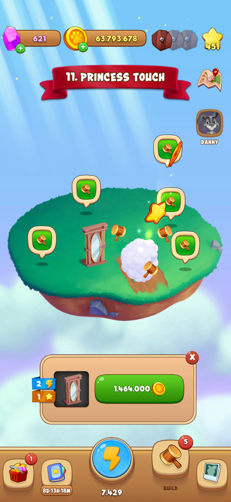 Una captura de pantalla de Animales y Monedas que muestra el nivel de la isla Princesa Táctil donde los jugadores pueden construir estructuras usando monedas