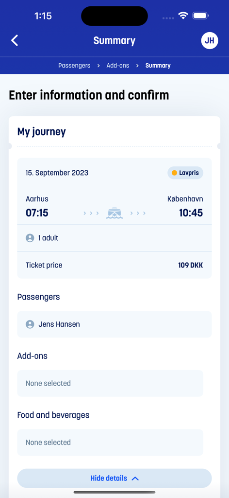 Kombardo Expressen - Summary screen in the Kombardo Expressen app showing a trip from Aarhus to Copenhagen