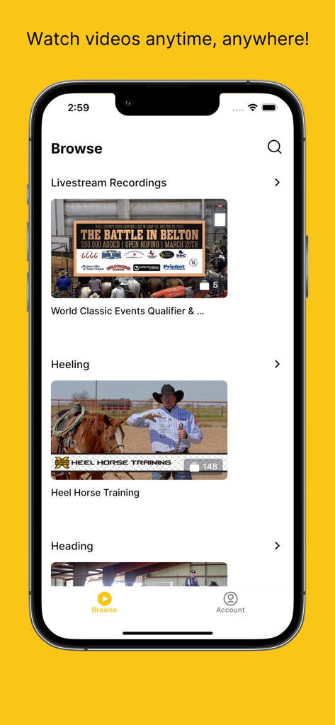 X Factor Team Roping - Browse screen of the X Factor Team Roping app showing training video categories
