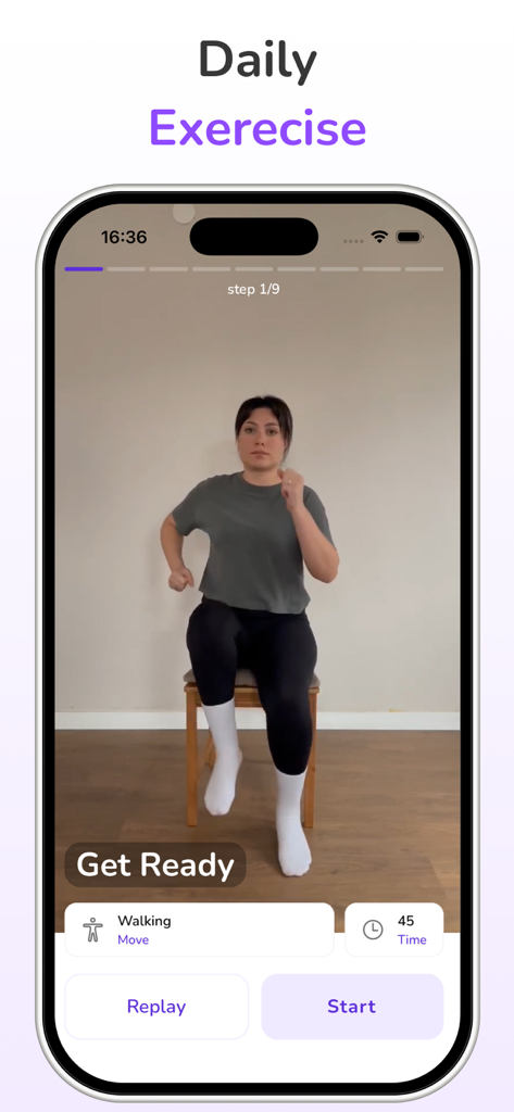 Chair Yoga for Seniors ChairOn - Pantalla de smartphone mostrando un vídeo de ejercicio de caminata sentada de la aplicación Chair Yoga for Seniors.