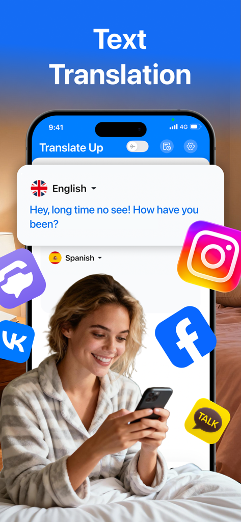 Translate Up app showing text translation interface for social media messages with a user on her phone