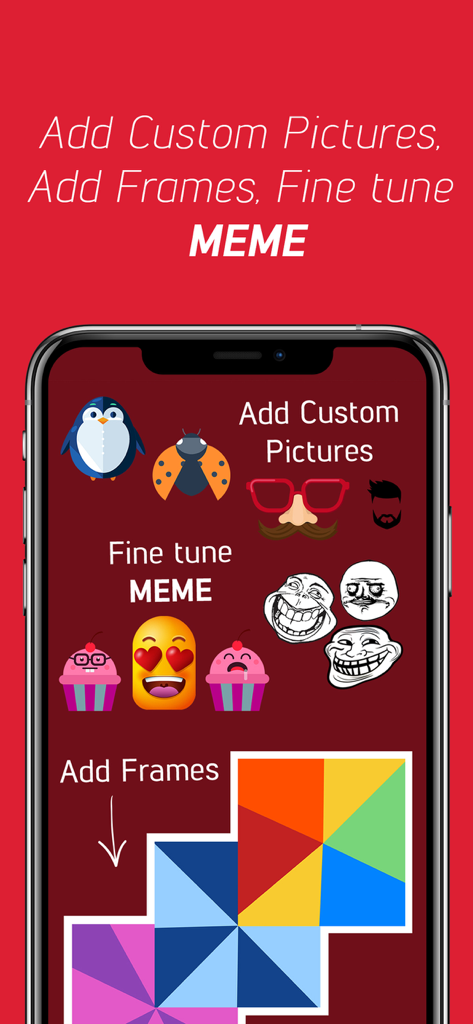Meme Creator: Make Dank Memes - Oberfläche der Meme Creator mobilen App, die Anpassungsoptionen zeigt, darunter Rage-Gesichter, Emojis und bunte Rahmen