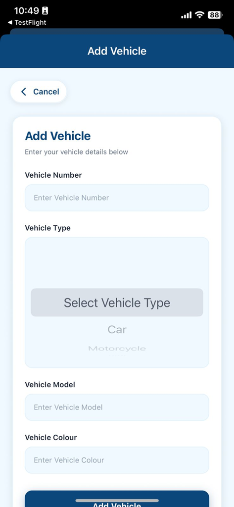 PINTAR Smart Parking App - PINTAR Smart Parking App Add Vehicle screen with forms for vehicle number type model and color
