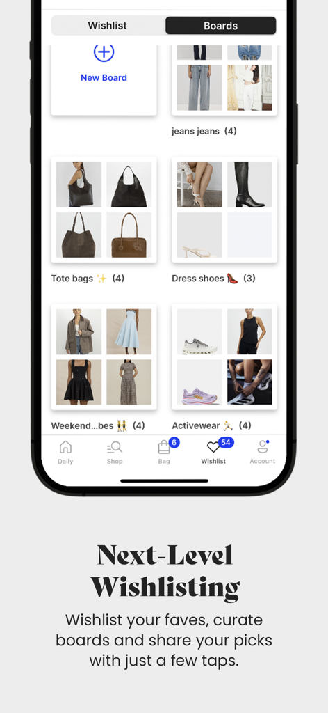 Interface de app móvel mostrando quadros de compras selecionados para categorias de moda como jeans, malas e roupa desportiva na app THE ICONIC.