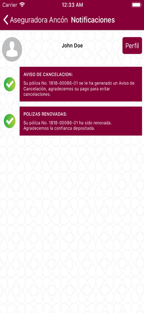 Ancon Clientes app notification center showing insurance policy renewal and cancellation notices for a user profile.