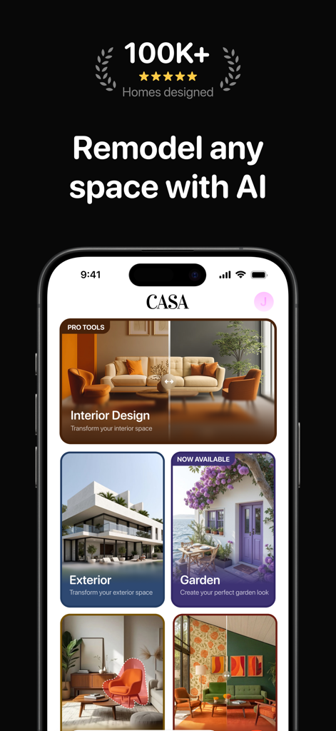 Casa AI - Interior Design - Screenshot of the Casa AI mobile app showing options for interior exterior and garden redesign