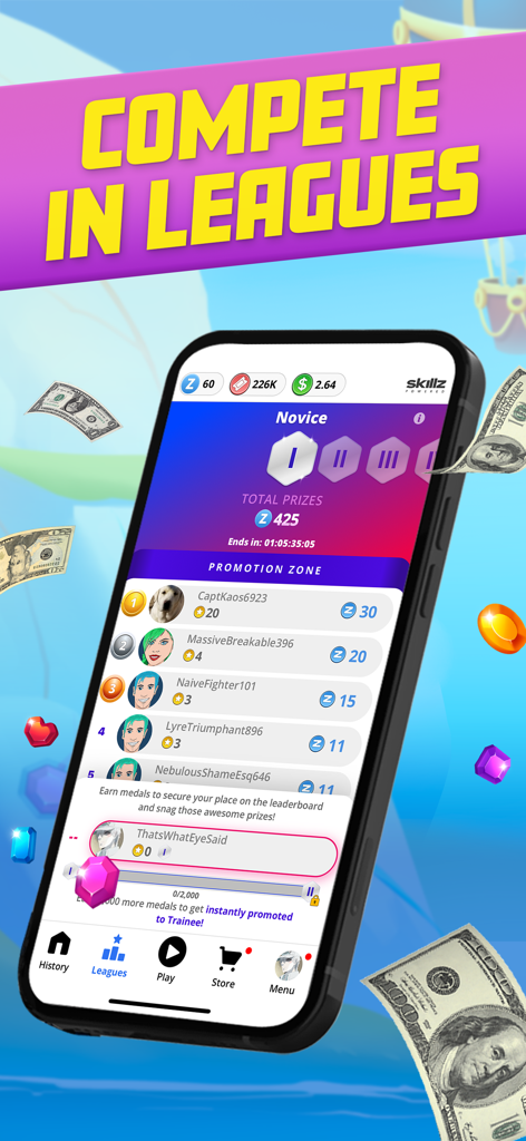 Diamond Strike - Match 3 Games - Diamond Strike app screen showing a competitive league leaderboard with player rankings and prizes.