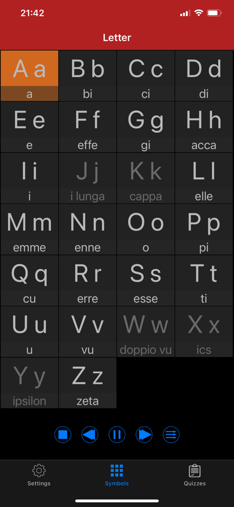 Italian Sounds and Alphabet - Italian alphabet grid with phonetic names in a language learning app