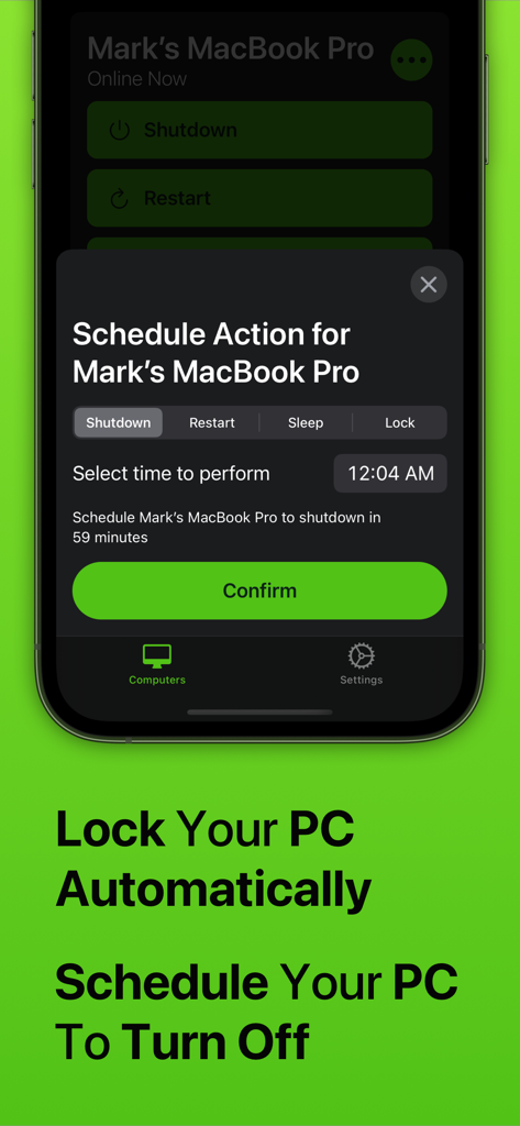 Off app interface on iPhone showing the schedule action menu to automatically shutdown or lock a Mac