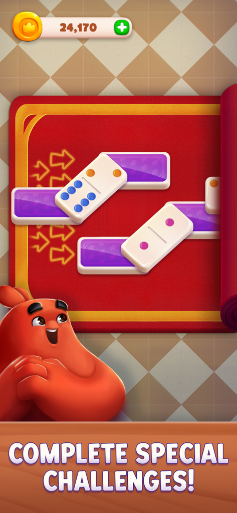 A screen from Domino Dreams showing a domino tile puzzle with the text Complete Special Challenges and a friendly red character.